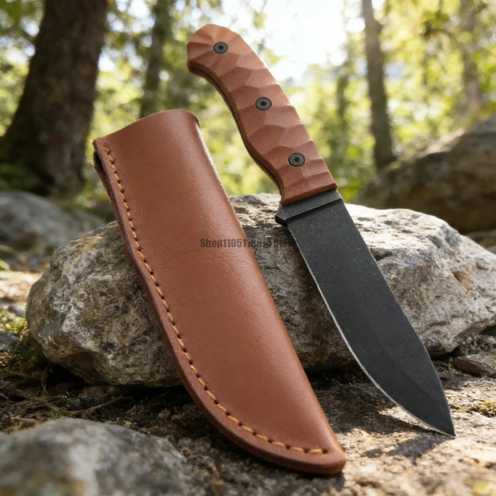 Fishing Equipment Essentials - Outdoor-Überlebensmesser mit fester Klinge und Rindslederscheide,